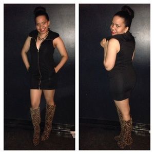 Black Hooded Zip Up Dress